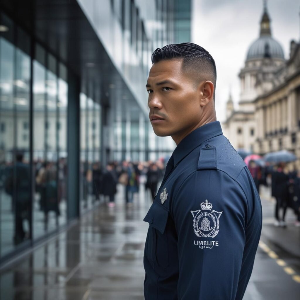 security guard of company called limelite agency man guarding as anti pickpocketing security outside a office building in london city.