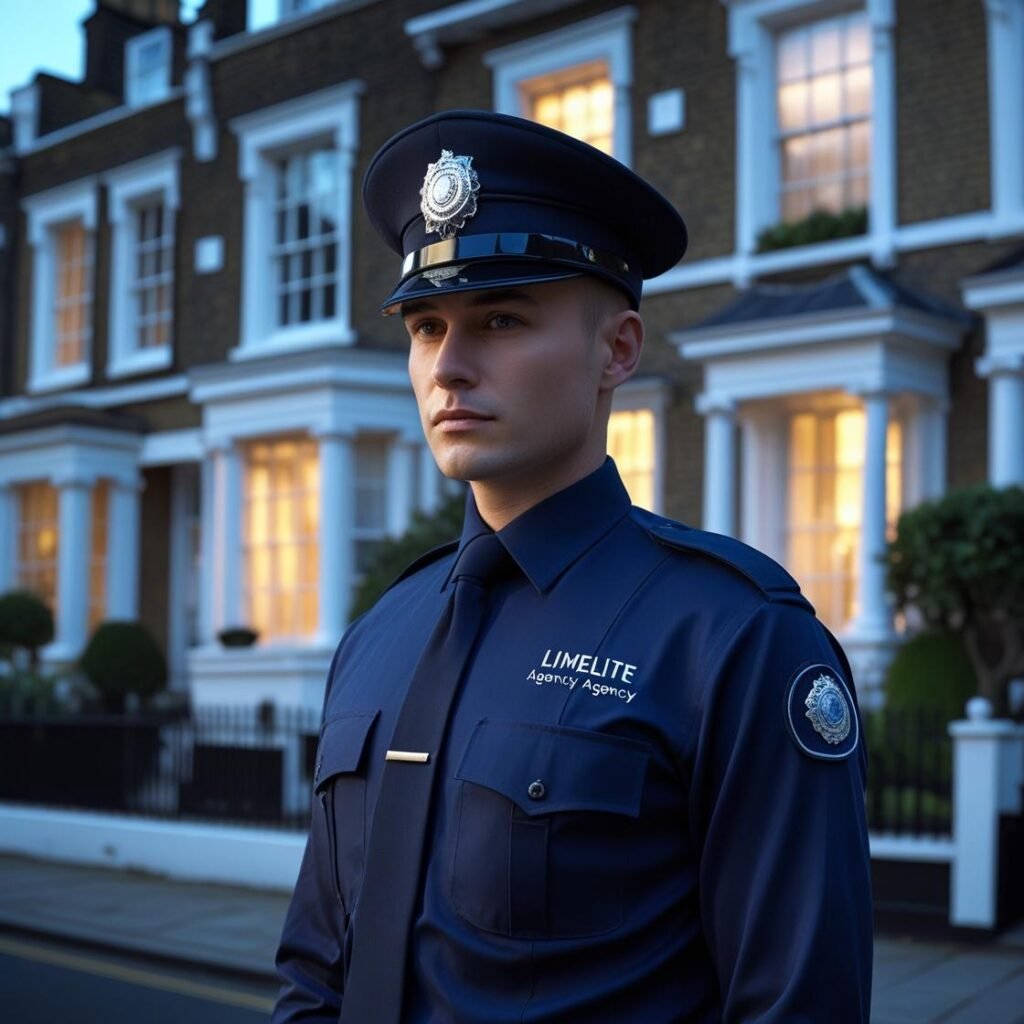 security guard of company called limelite agency providing residential service outside a house in london